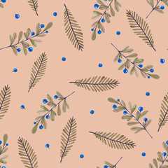 watercolor seamless pattern with   leaves,  berries and branches isolated on orange background