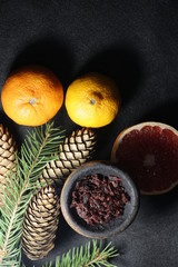 bowl with tobacco for hookah. fruits on a dark background. smoking nargile
