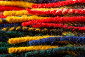 赤と黄色と紺と緑の毛糸のテクスチャ　パターン