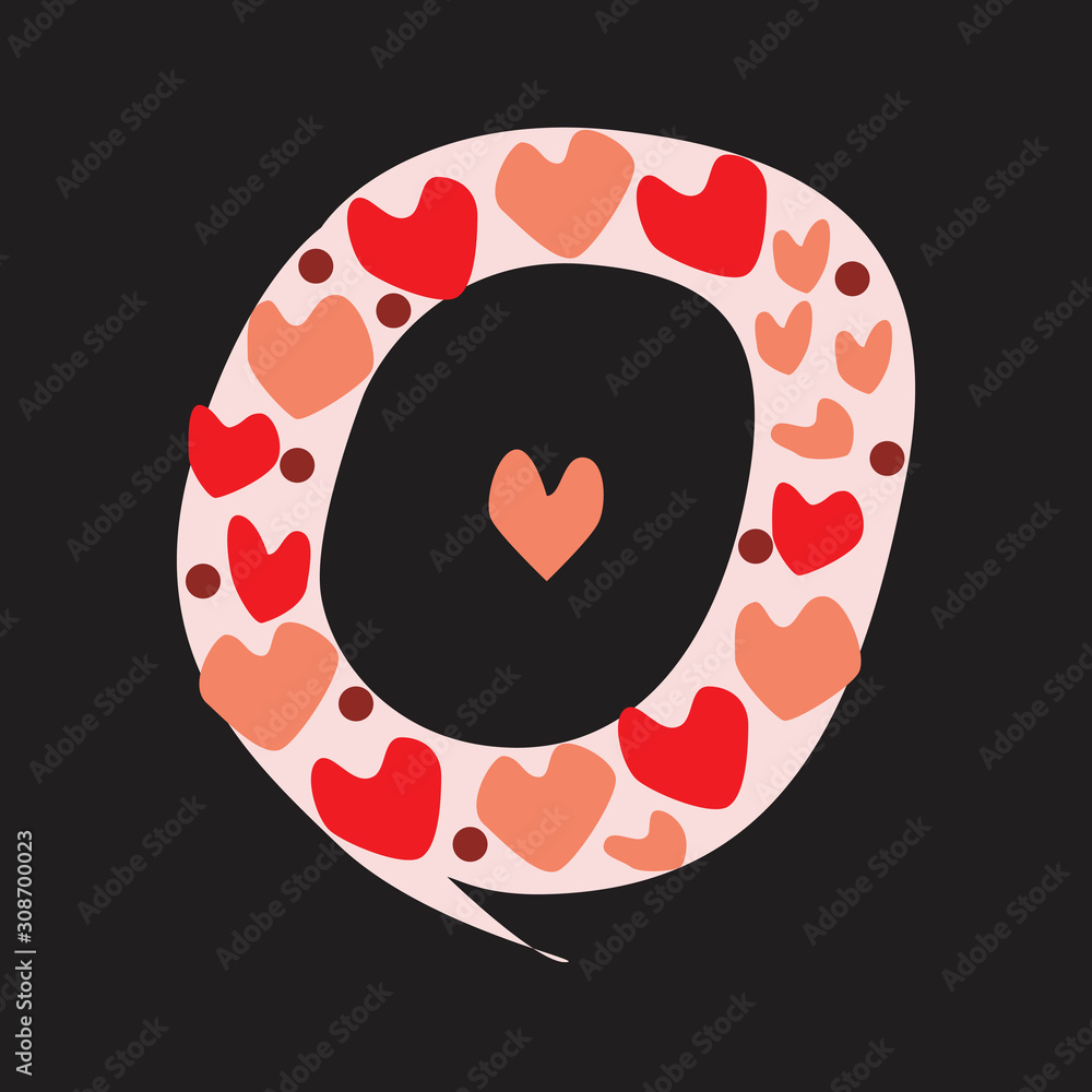 Wall mural a letter o with red and pink doodle hearts isolated on black background, a vector stock illustration