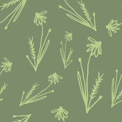Floral seamless pattern in line art style.  Abstract botanical print of flowers, leaves, twigs. Textile design texture. Spring blossom background. Vector illustration.