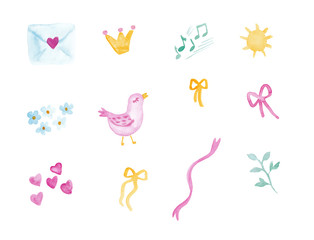 Set of design elements - watercolor painting letter, hearts, bird, crown isolated on white 