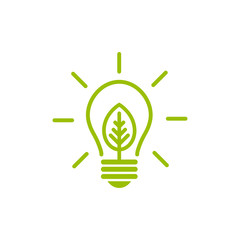 Green contour of shining electric light bulb with green leaf. Isolated on White. Flat outline icon. Vector