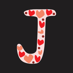 A letter J with red and pink doodle hearts isolated on black background, a vector stock illustration with romantic font letters for Valentine's day, anniversary, love date, wedding
