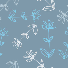 Fototapeta na wymiar Floral seamless pattern in line art style. Abstract botanical print of flowers, leaves, twigs. Textile design texture. Spring blossom background. Vector illustration.
