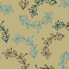 Floral seamless pattern in line art style.  Abstract botanical print of flowers, leaves, twigs. Textile design texture. Spring blossom background. Vector illustration.