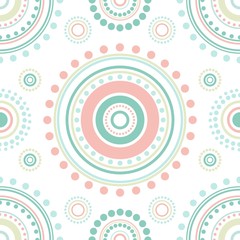 Seamless abstract pattern of circles and dots of pink and turquoise colors.