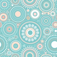Fototapeta premium Seamless abstract pattern of circles and dots of orange and turquoise colors on powder blue background.
