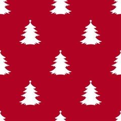 Obraz premium White fir-trees with stars on red background. Forest blizzard. seamless winter pattern with spruce.