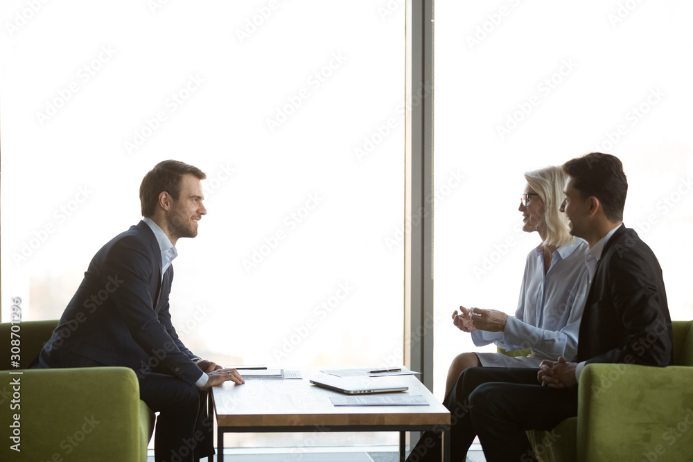 Poster smiling employees discussing project, executive manager consulting clients