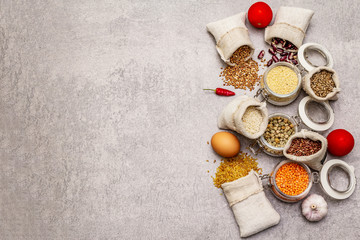 Zero waste food shopping concept. Cereals, pasta, legumes, dried mushrooms, spices. Sustainable...