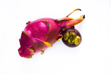 dragon fruit and mangosteen on a white background, asian fruit, dessert
