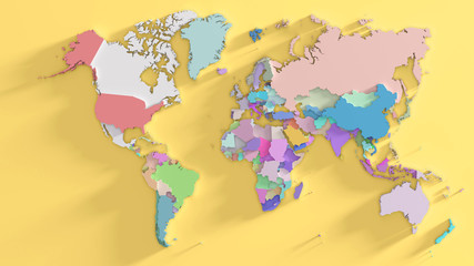 World map. Multicolor continents. Yellow ocean. 3d rendering
