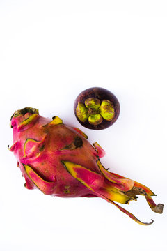 dragon fruit and mangosteen on a white background, asian fruit, dessert