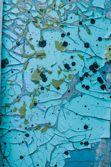 Cracked paint on wooden faith, crackle, blue paint, black spots.