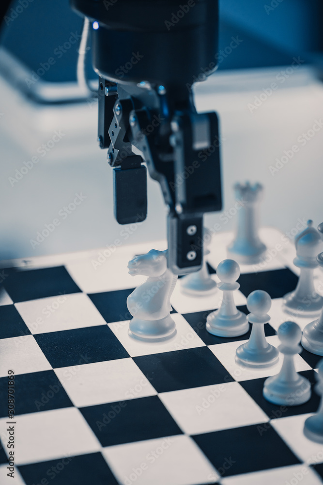 Poster close up vertical shot of artificial intelligence operating a futuristic robotic arm in a game of ch