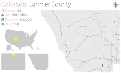 Fototapeta premium Large and detailed map of Larimer county in Colorado, USA.