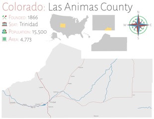 Large and detailed map of Las Animas county in Colorado, USA.