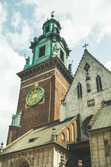 Wawel Cathedral on Wawel Hill, Sigismund's Chapel with a gold dome and Vasa Dynasty chapel in Krakow, Poland. Shot from below
