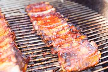 Close-up of barbecue grilled ribs.
