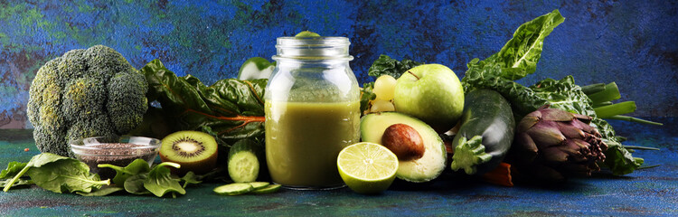 Healthy green smoothie and ingredients - detox and diet for health