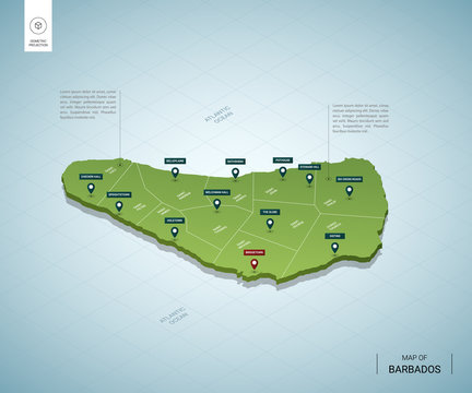 Stylized map of Barbados. Isometric 3D green map with cities, borders, capital Bridgetown, regions. Vector illustration. Editable layers clearly labeled. English language.