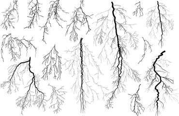 fifteen black lightnings isolated on white