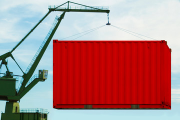 port crane lifts red container. concept of worldwide delivery by marine transport or goods distribution to world, copy space