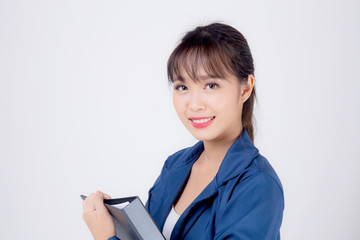 beautiful portrait young business asian woman cheerful standing holding folder isolated on white background, asia businesswoman confident secretary work holding document file with success.