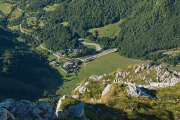 Fototapeta premium View of the valley station of the cable car from Fuente De to El Cable in national park Picos de Europa in Cantabria,Spain,Europe 