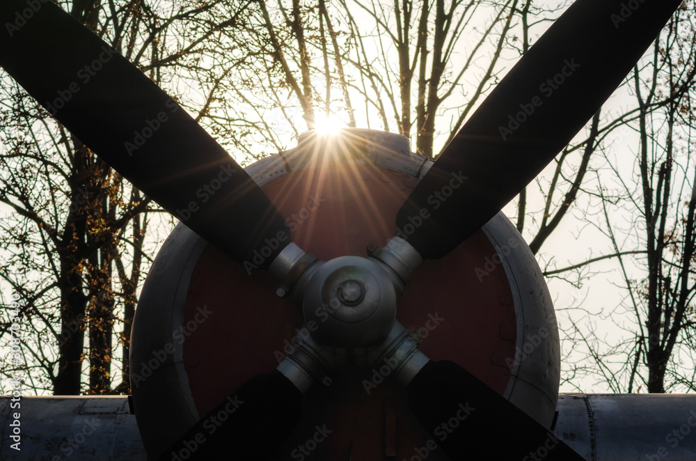 Wall mural propeller of a vintage airplane in the rays of the evening sunset