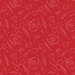 Medical set seamless pattern. Vector illustration of a medical syringe, tablet, stethoscope, thermometer seamless pattern. Background from a medical kit, syringe, medicine, thermometer. Hand drawn.