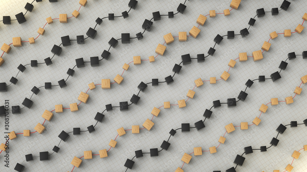 Poster abstract 3d render with orange and black lines on white background. wooden and black cubes pattern.