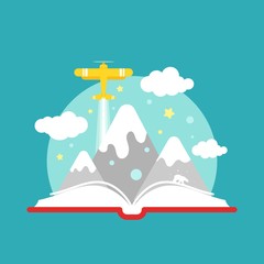 Open book with retro air plane, clouds, bear and mountains on blue background.
