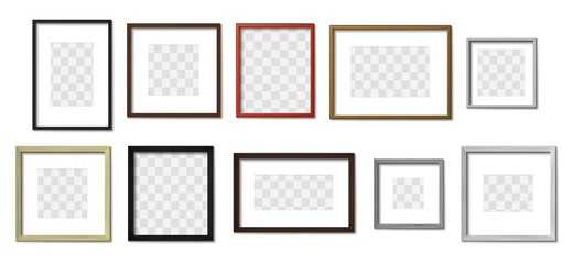 Realistic photo frame. Simple picture frames, square border and photos on wall mockup vector set. Interior elegant decoration. Minimalist blank boarders for photographies collection