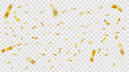 Christmas golden confetti. Flying paper confetti stripes, falling gold foil party celebration background elements vector illustration. New year tinsel on transparent background. Realistic decoration