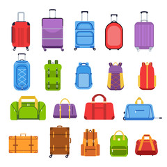 Baggage suitcases. Luggage and handle bags, backpacks, leather case, travel suitcases and bag for trip, tourism and vacation isolated vector icons set. Travel accessories colorful flat illustrations