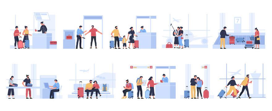 Tourists in airport. People waiting for plane in terminal, tourist characters receive passport control, pass luggage inspection or get luggage vector illustration set. Passengers before departure