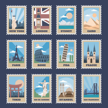 Travel postage stamps. Vintage stamp with national landmarks, retro stamping postmark world attractions and most popular points of world vector isolated icon set. Travel postcards with famous places