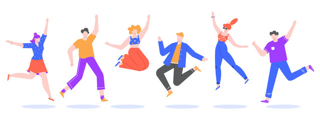 Happy jumping young people. Excited student characters, happy teenagers and joyful people jumped together, happy jumping team isolated vector illustration. Faceless dancing human pack in flat style