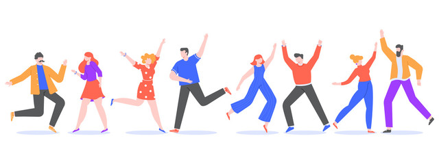Fototapeta na wymiar Happy dancing people. Exciting modern characters dancing together, cheerful female and male dancers. Joyful friends at music party isolated vector illustration. Celebration. Faceless humans set