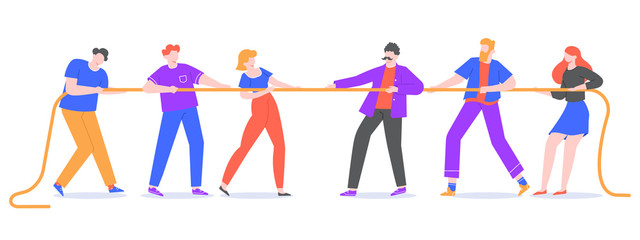 Tug of war. Young people pull the rope, opposite teams at rope pulling competition. Corporate competitions and active tug game vector isolated illustration. Competitors struggling, employees conflict