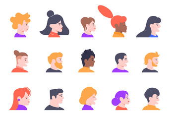 Profile people portraits. Face male and female profiles avatars, young people characters heads profile view isolated vector illustration icons set. Multicultural women and men faces side view