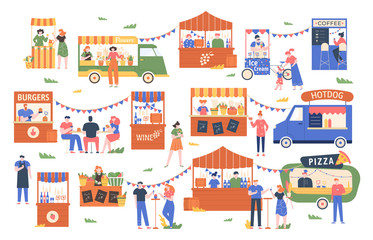 Street food marketplace. Outdoor farmers market, characters buy and sell vegetables, bread, flowers and other products, street shopping trade vector illustration. Local kiosks, food trucks and booths