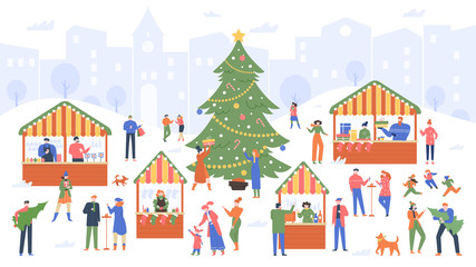 Obraz na płótnie Canvas Christmas market. Holiday fair, cartoon people walking on decorated outdoor stalls and buying wine, food and Christmas souvenirs vector colorful illustration. New year tree decoration, present boxes