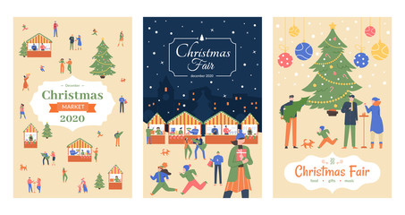 Holiday market flyer. Christmas fair posters, december market holiday invitation, shopping street Christmas decorated outdoor stalls vector illustration poster set. Xmas festival booklet