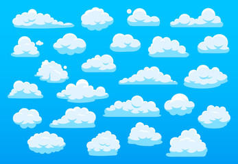 Cute cartoon clouds. Blue sky with cute cartoon cloud, nature white clouds, fluffy cloudscape heaven panorama white clouds of different shape vector illustration set. Overcast simple elements pack