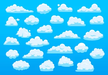 Fototapete Wolken Süße Cartoon-Wolken. Blauer Himmel mit süßer Cartoon-Wolke, weiße Naturwolken, flauschige Wolkenlandschaft Himmelspanorama weiße Wolken unterschiedlicher Form-Vektor-Illustration-Set. Bewölktes einfaches Elementpaket
