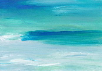 Abstract oil painting background texture. Blue, turquoise and white brush strokes on paper. Beautiful soft overlay.  