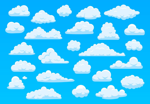 Cartoon sky clouds. Fluffy white clouds in blue sky, bright cloudscape weather atmospheric panorama. Cute clouds of different shape vector cartoon illustration set. Collection of cumulus